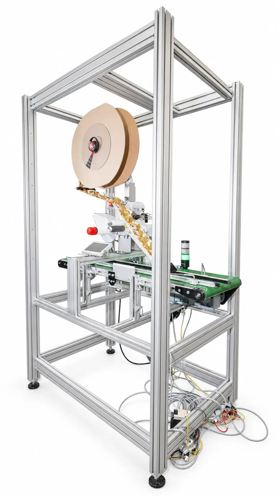 BOWFIX Prototyp, Gesamtansicht mit Aluminiumrahmen, Schleifenrolle und Förderband